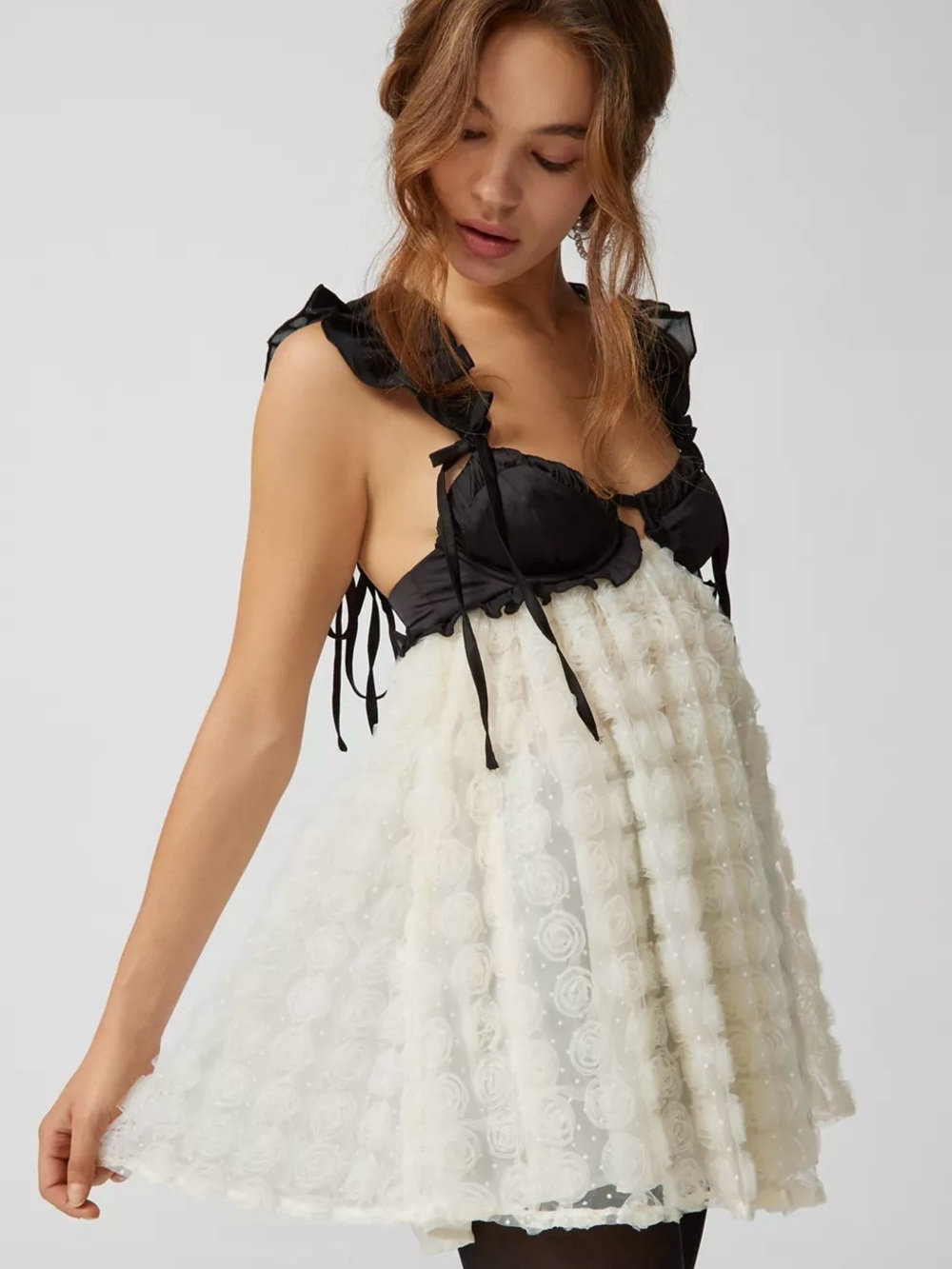 For Love And Lemons Poppy Mini Dress Babydoll Organza Black Ivory Sz XS NWT New